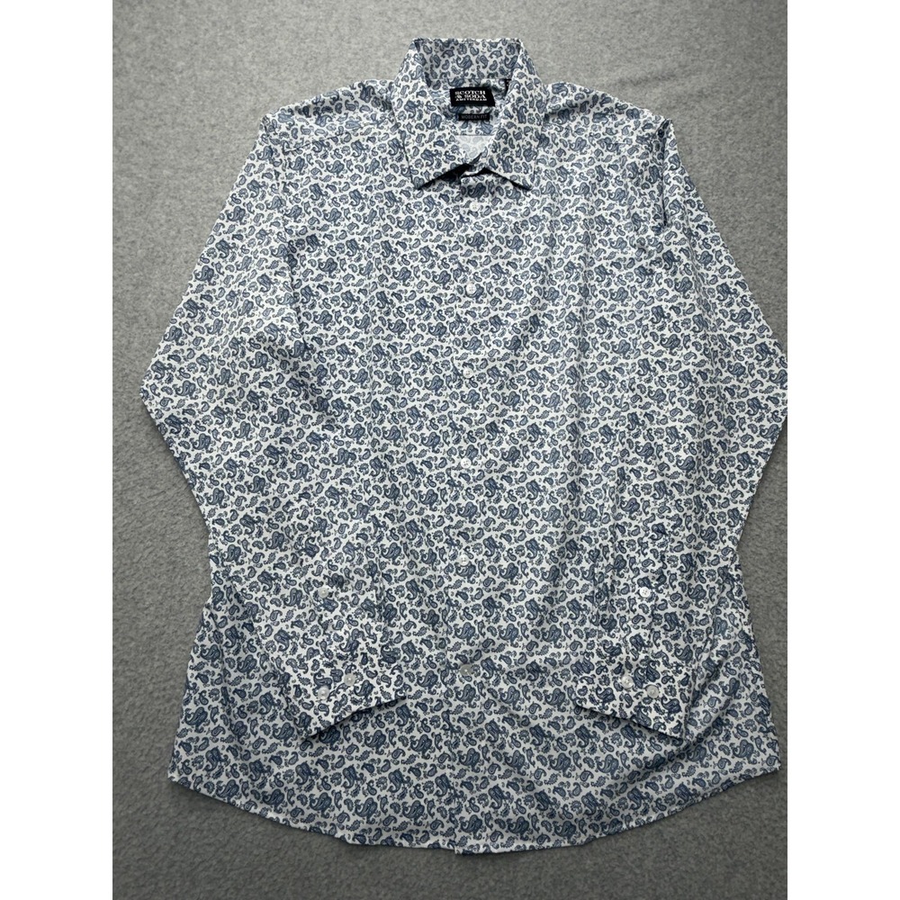 Scotch & Soda Dress Shirt Mens 17.5 44 White Blue Paisley Modern Fit Stretch